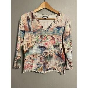 Vintage Impulse Womens Top Large City Print Rhinestone Lettuce Hem Fairy Y2K